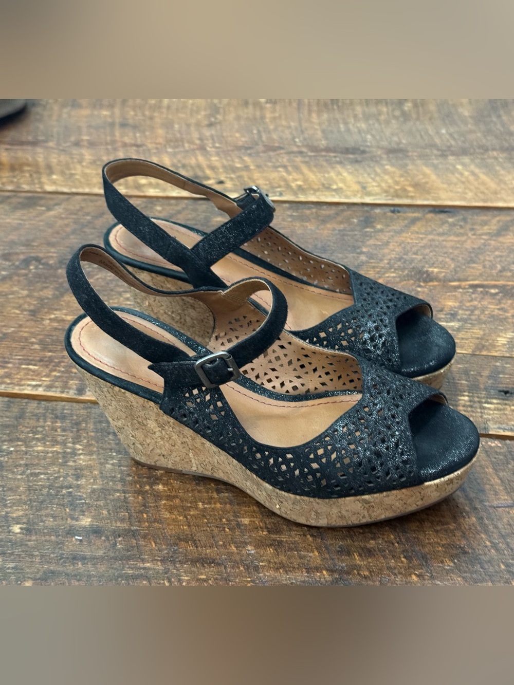 Trask Black Laser-Cut Cork Wedge Sandals - Size 7